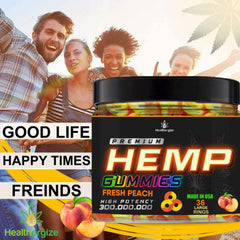 Healthergize gummies display soft texture and peach flavor for easy enjoyment.