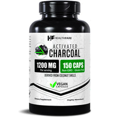 Healthfare activated charcoal bottle close-up showing 1200mg capsules for daily use