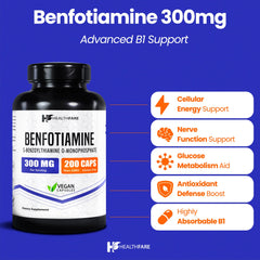 Healthfare Benfotiamine 300mg bottle label highlighting gluten-free and non-GMO features