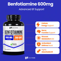 Healthfare Benfotiamine capsules close-up highlighting enhanced absorption