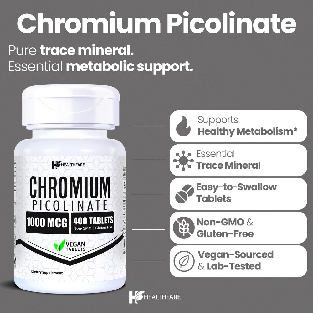 HealthFare chromium pills close-up shows small, easy-to-swallow tablets.