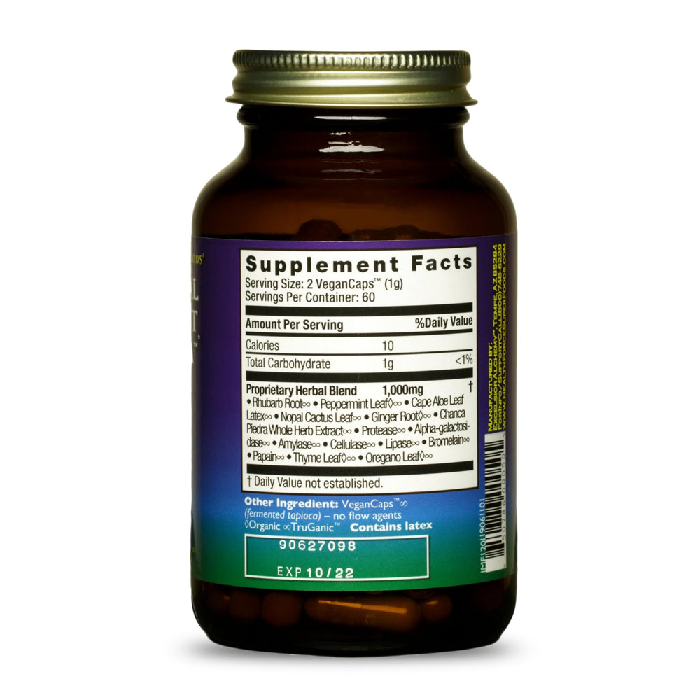 HealthForce SuperFoods herbal blend capsules closeup highlighting plant-based laxative support.