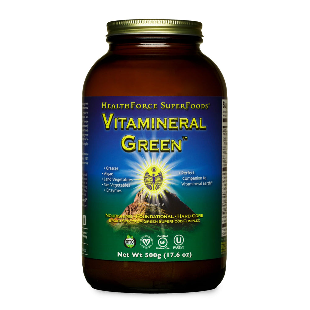 HEALTHFORCE Vitamineral Green bottle front with vibrant greens powder for daily vitality.