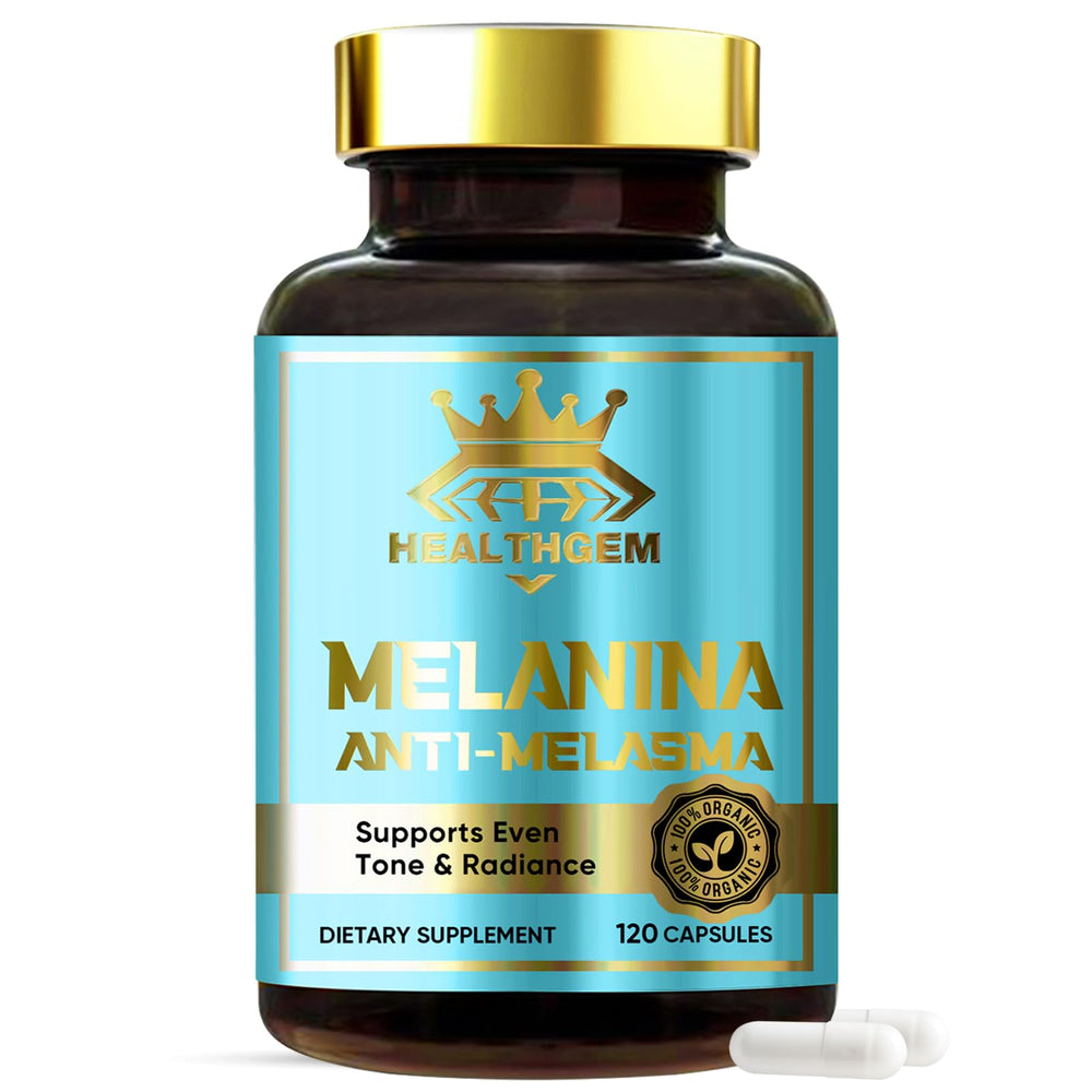 HEALTHGEM Melanina capsules bottle showing a radiant skin-support routine