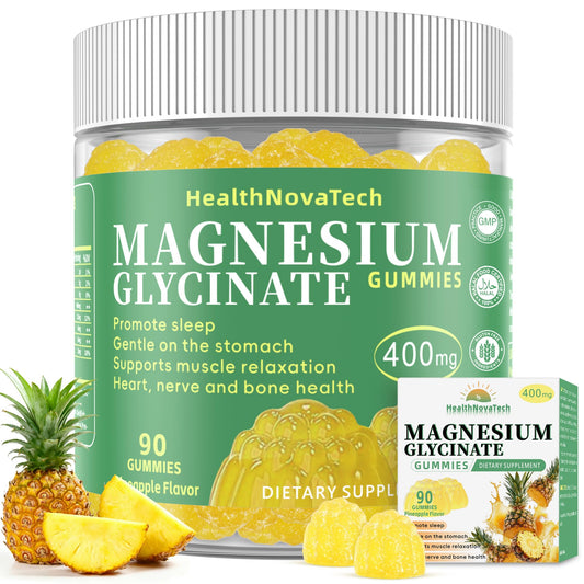 HealthNovaTech Magnesium Glycinate Gummies bottle in pineapple flavor for restful nights.