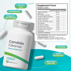 Healthogenics Candida Cleanse capsules close-up highlighting natural coating and color