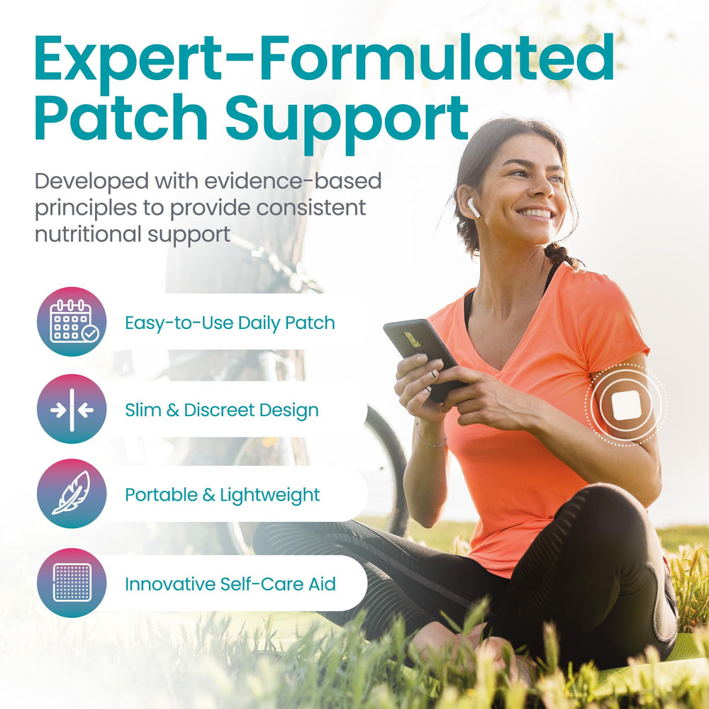 Healthogenics Debloat Patch closeup reveals a transparent strip with botanicals for daily support