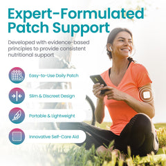 Healthogenics Debloat Patch closeup reveals a transparent strip with botanicals for daily support