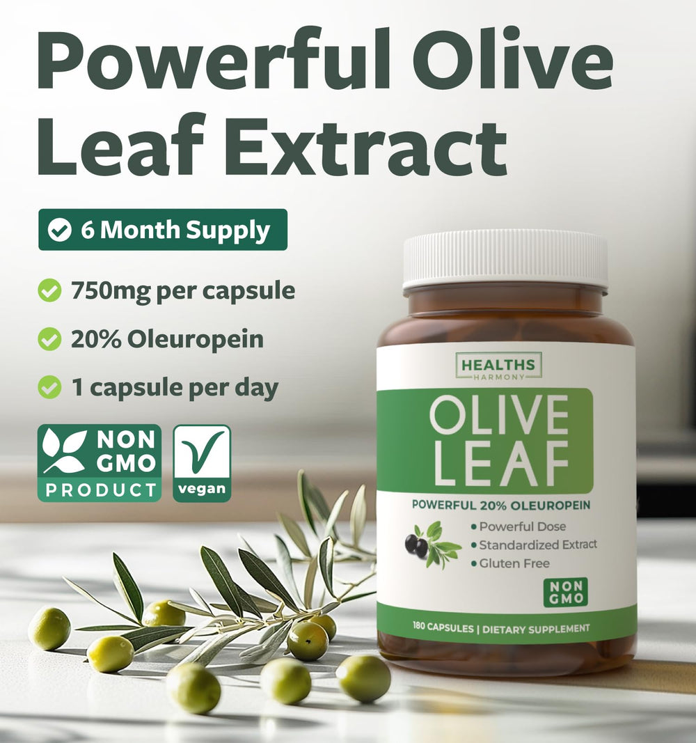 Healths Harmony 750mg olive leaf capsules close-up highlighting potent oleuropein content.