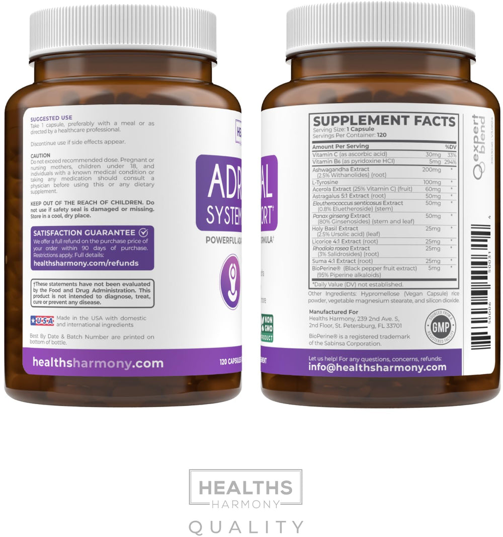 Healths Harmony Adrenal Support bottle on a neutral background for clarity.