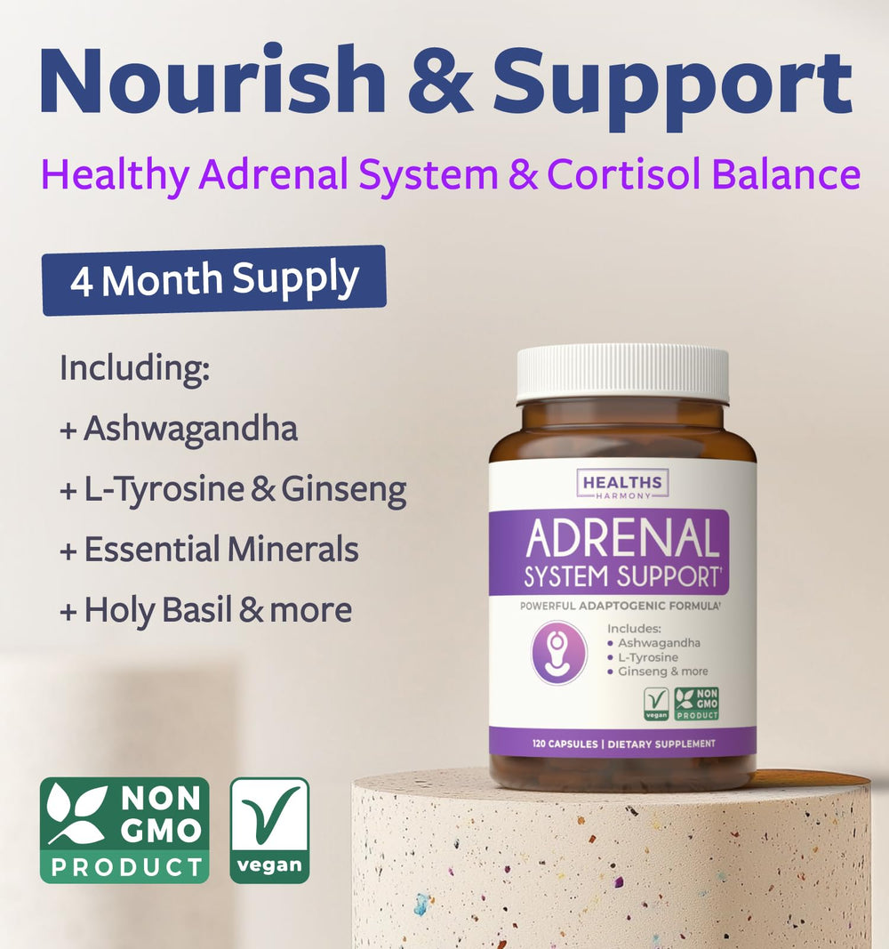 Healths Harmony Adrenal Support close-up of capsules featuring L-Tyrosine and Ashwagandha.