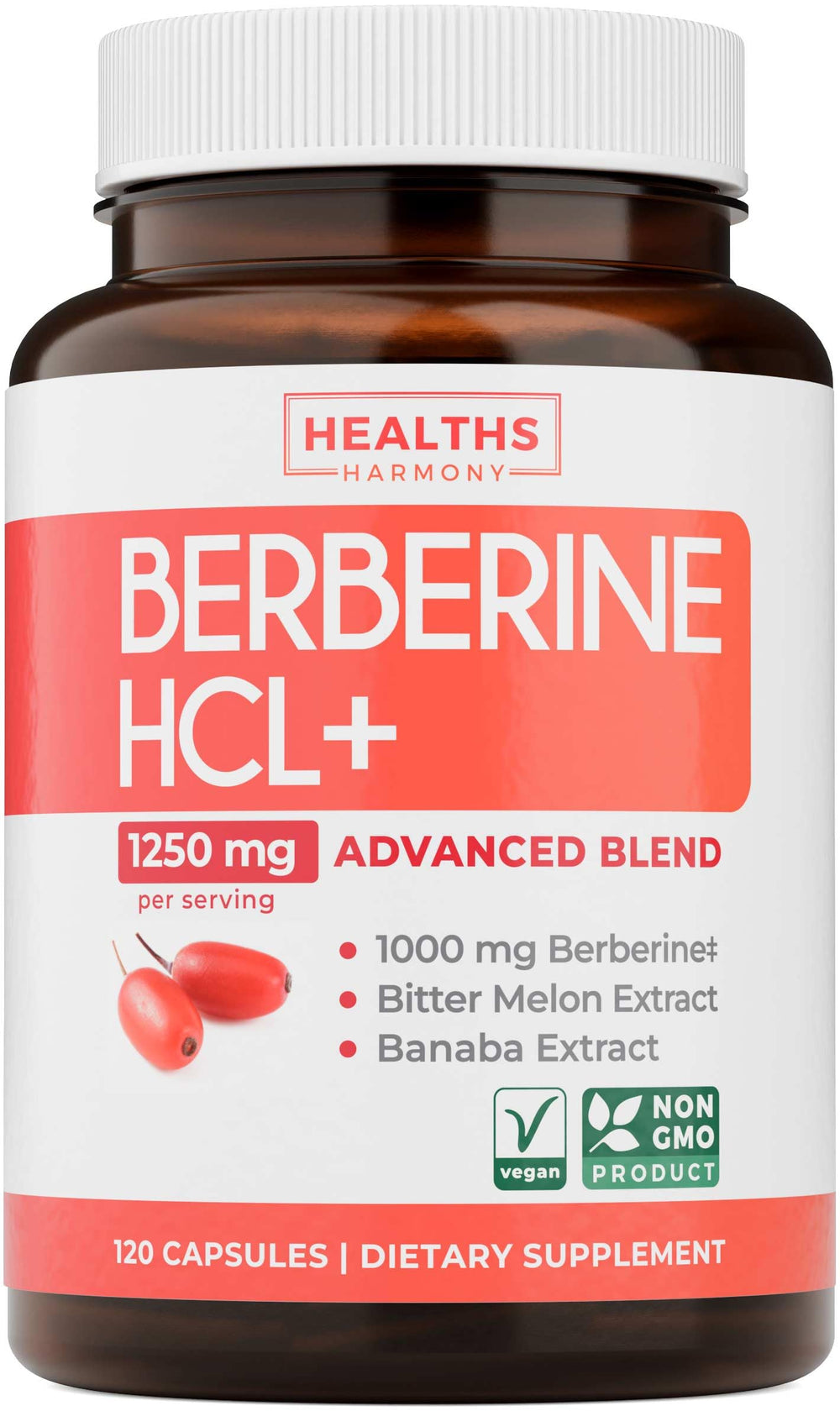 Healths Harmony Berberine bottle front displaying premium metabolic support formula