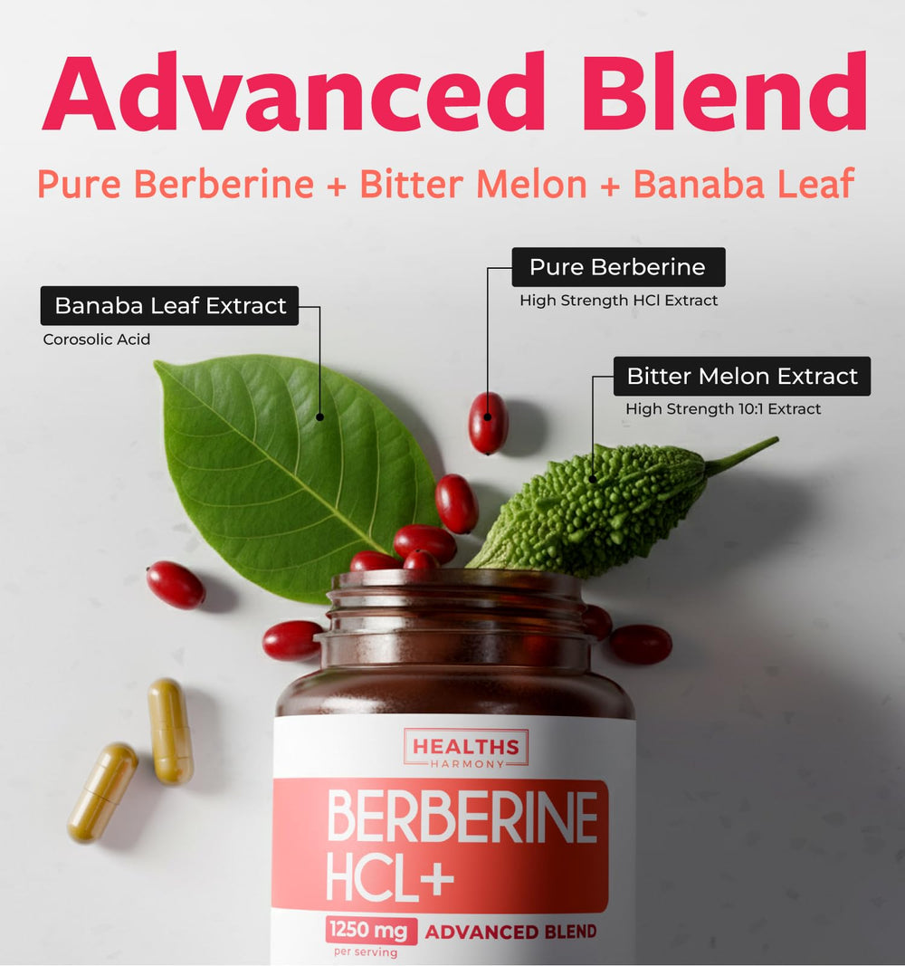 Close-up of Healths Harmony Berberine capsules highlighting vegetarian non-GMO packaging