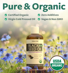 Healths Harmony black seed oil liquid bottle with dropper, showing easy dosing for daily use.