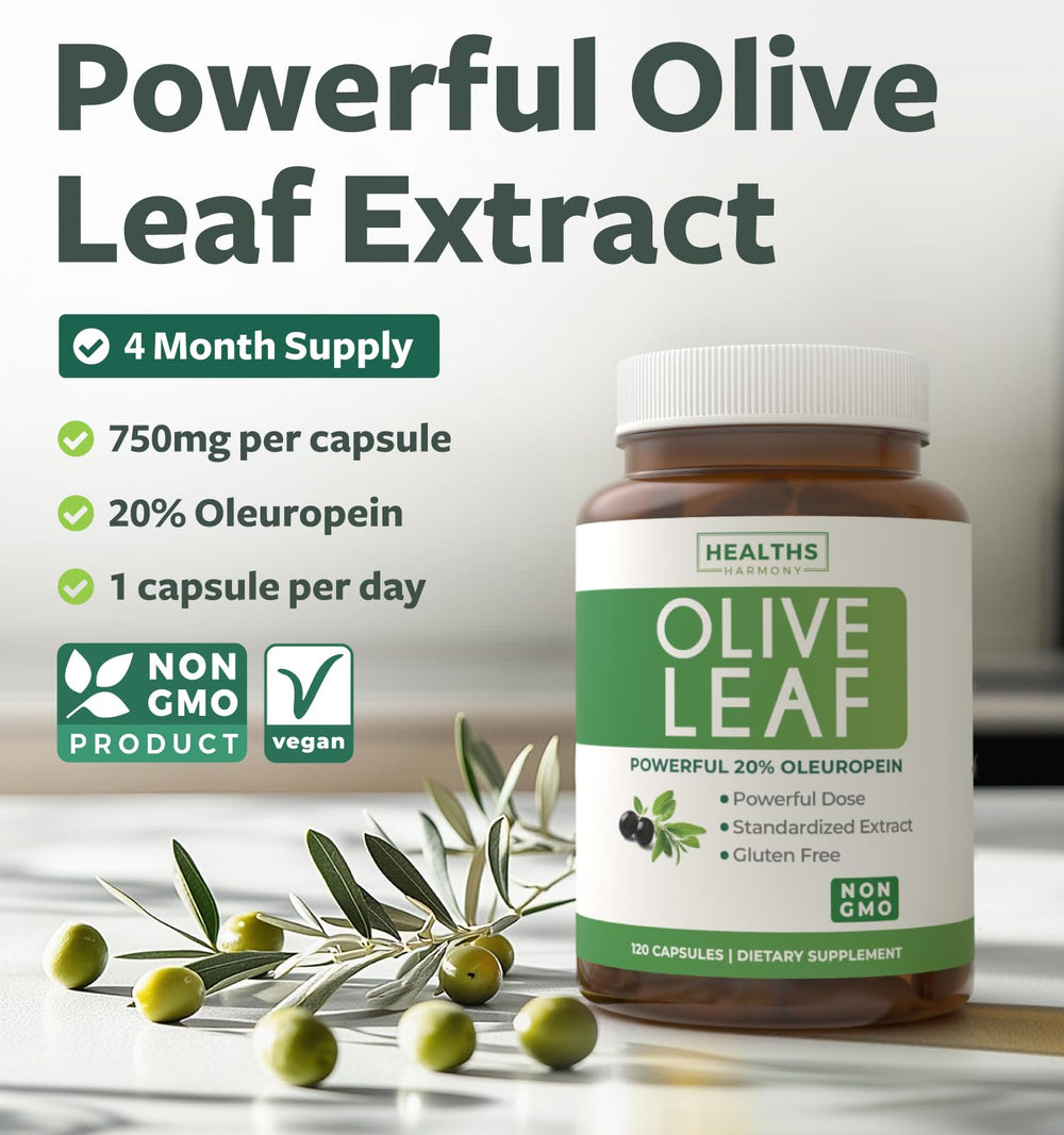 Healths Harmony olive leaf capsules back label shows vegan non-GMO formula for daily wellness