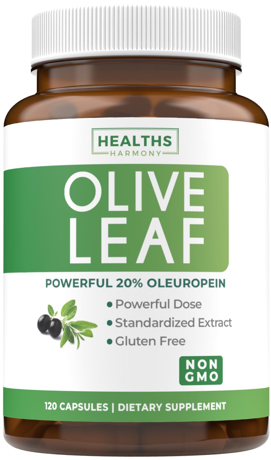 Healths Harmony olive leaf extract capsules bottle front view highlighting 750mg potency
