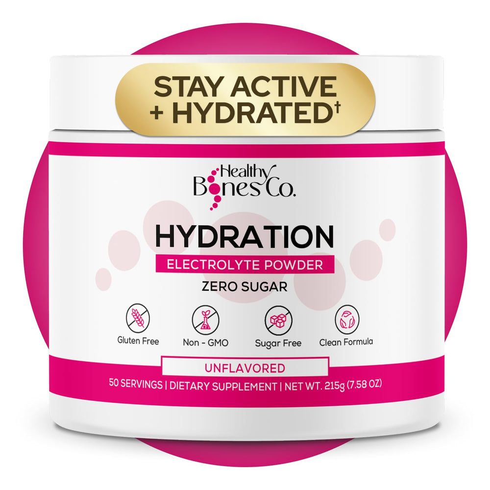 Healthy Bones Co sugar-free electrolyte powder bottle ready for hydration