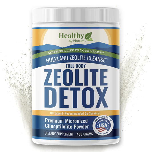 Healthy by Nature HolyLand Zeolite powder in a 400g jar for potential energy support.