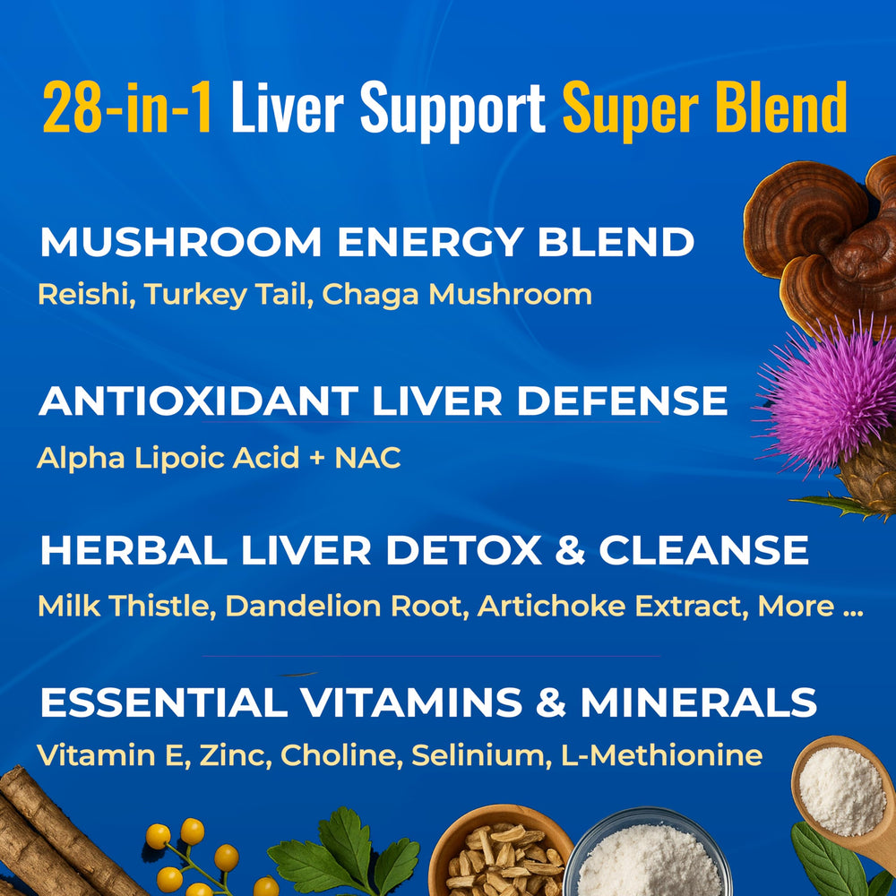 LiVitalize label close-up highlights the 28-in-1 liver health blend for energy support.
