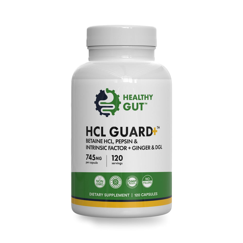 Healthy Gut HCL Guard bottle pouring capsules for digestion support after meals.