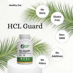 Healthy Gut HCL Guard label shows ginger and DGL for digestive comfort.