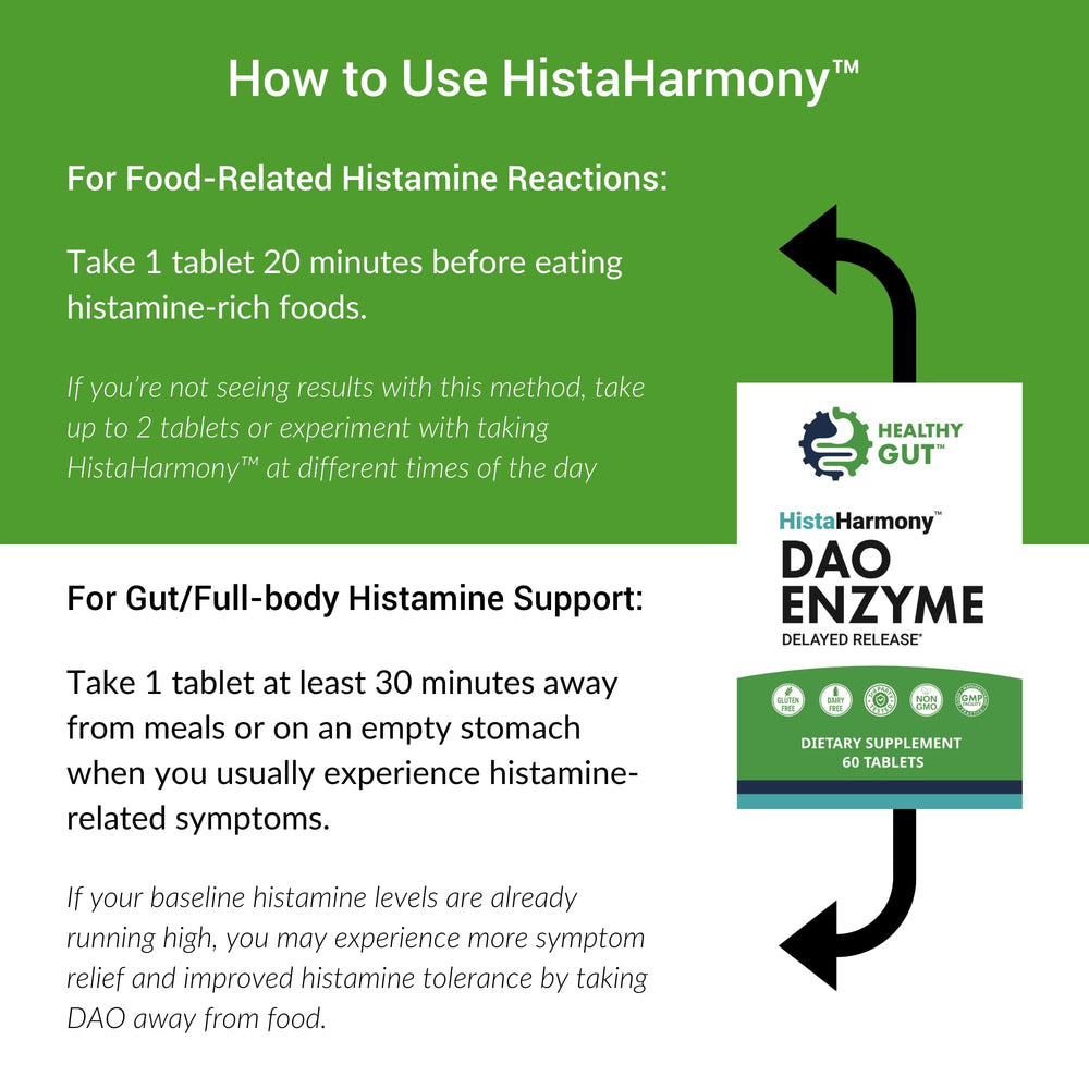 Healthy Gut HistaHarmony serving size chart with 60 servings per bottle.