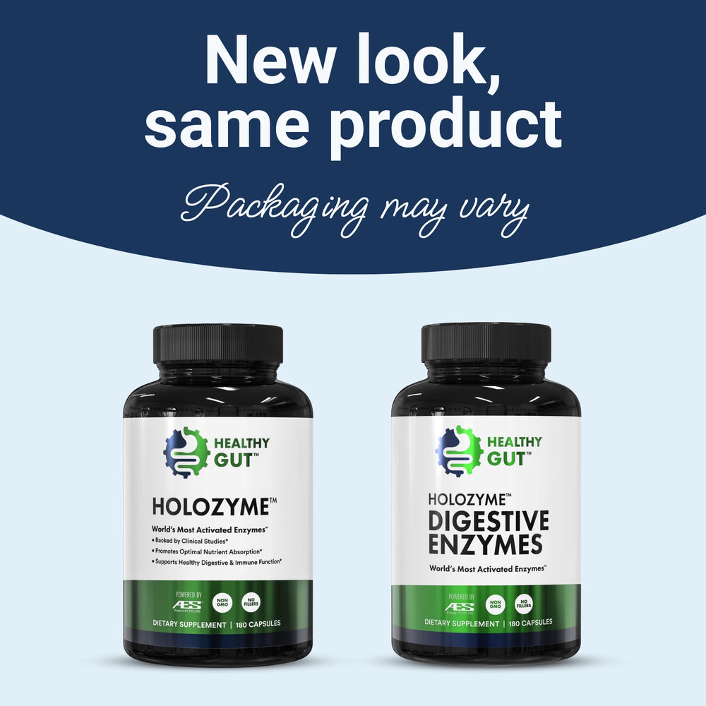 Healthy Gut HoloZyme label front emphasizes comprehensive FODMAP support.