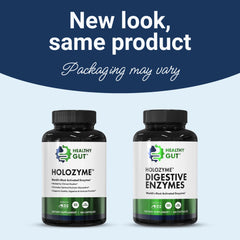Healthy Gut HoloZyme label front emphasizes comprehensive FODMAP support.