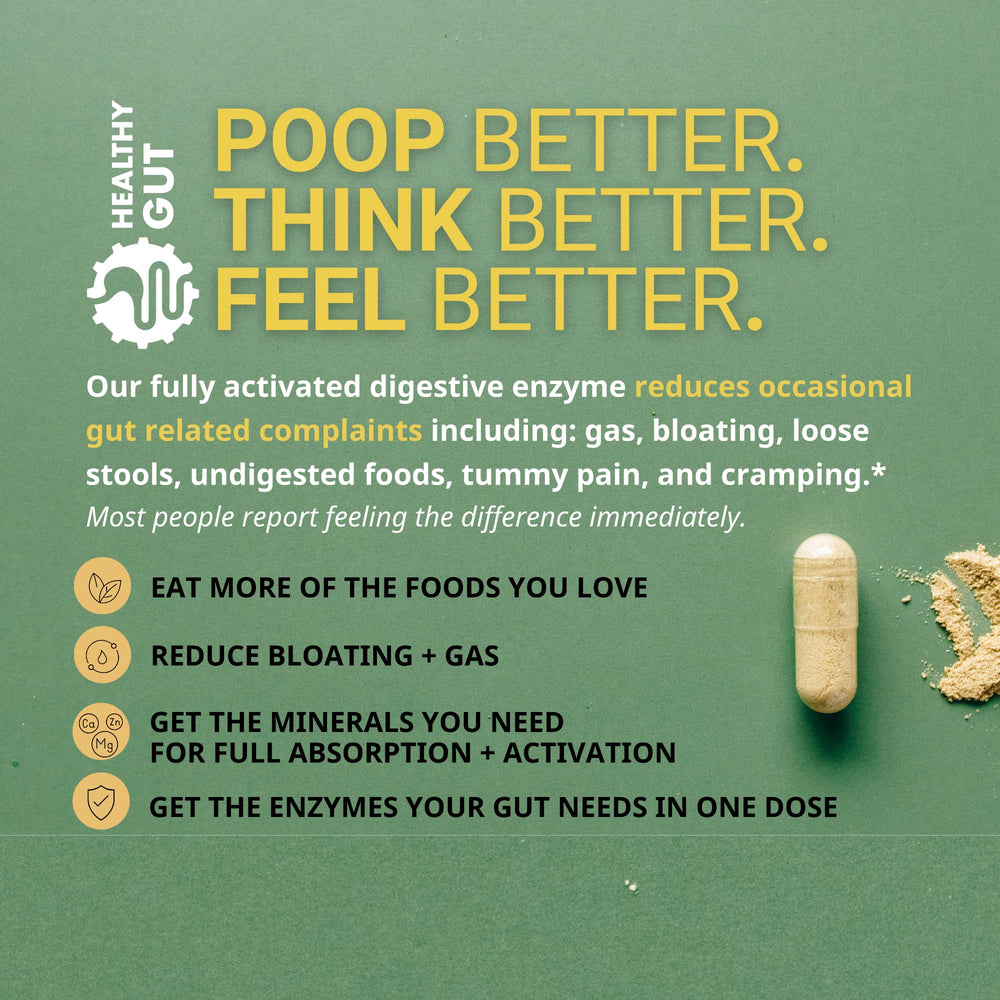 Healthy Gut HoloZyme product line shown as non-GMO and gluten-free.