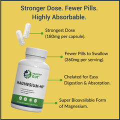 Healthy Gut Magnesium-HP label detail, zero fillers and Canadian production.