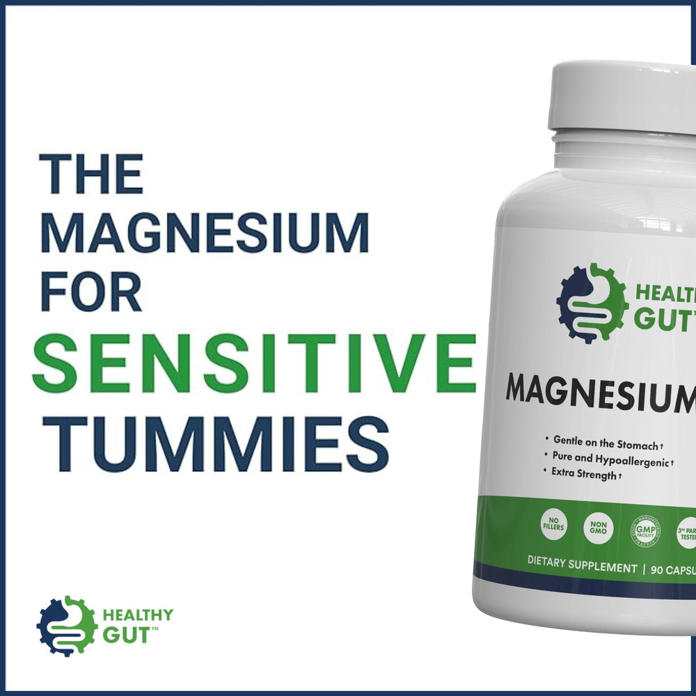 Healthy Gut Magnesium-HP packaging box, clean formula for sensitive digestion.