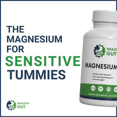 Healthy Gut Magnesium-HP packaging box, clean formula for sensitive digestion.