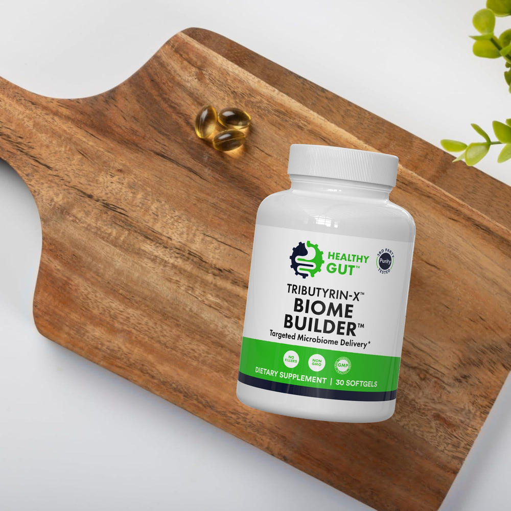 Healthy Gut Tributyrin-X bottle with 30 softgels for daily regimen.