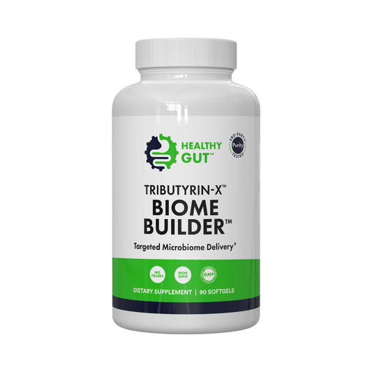 Healthy Gut Tributyrin-X bottle with odorless softgels for gut support