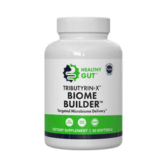 Healthy Gut Tributyrin-X bottle highlights odorless postbiotic support for gut comfort.