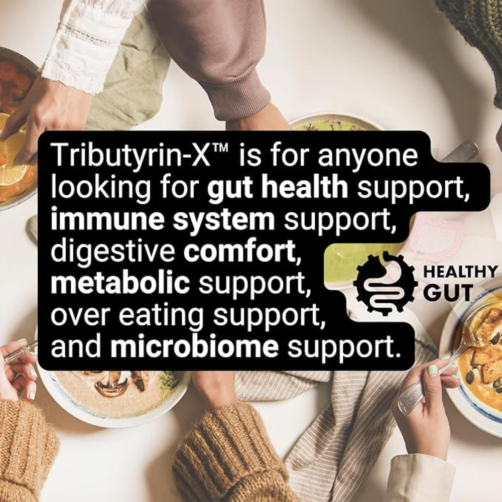 Healthy Gut Tributyrin-X non-GMO and sugar-free formulation badge.