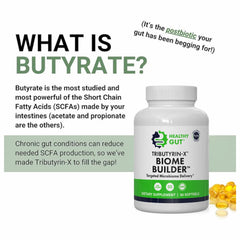 Healthy Gut Tributyrin-X label emphasizes no additives and gluten-free formulation.