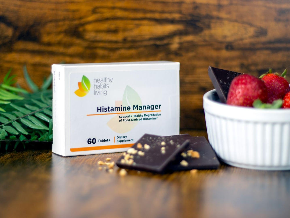 Healthy Habits Living Histamine Manager with red wine imagery hints histamine-friendly dining possibilities.