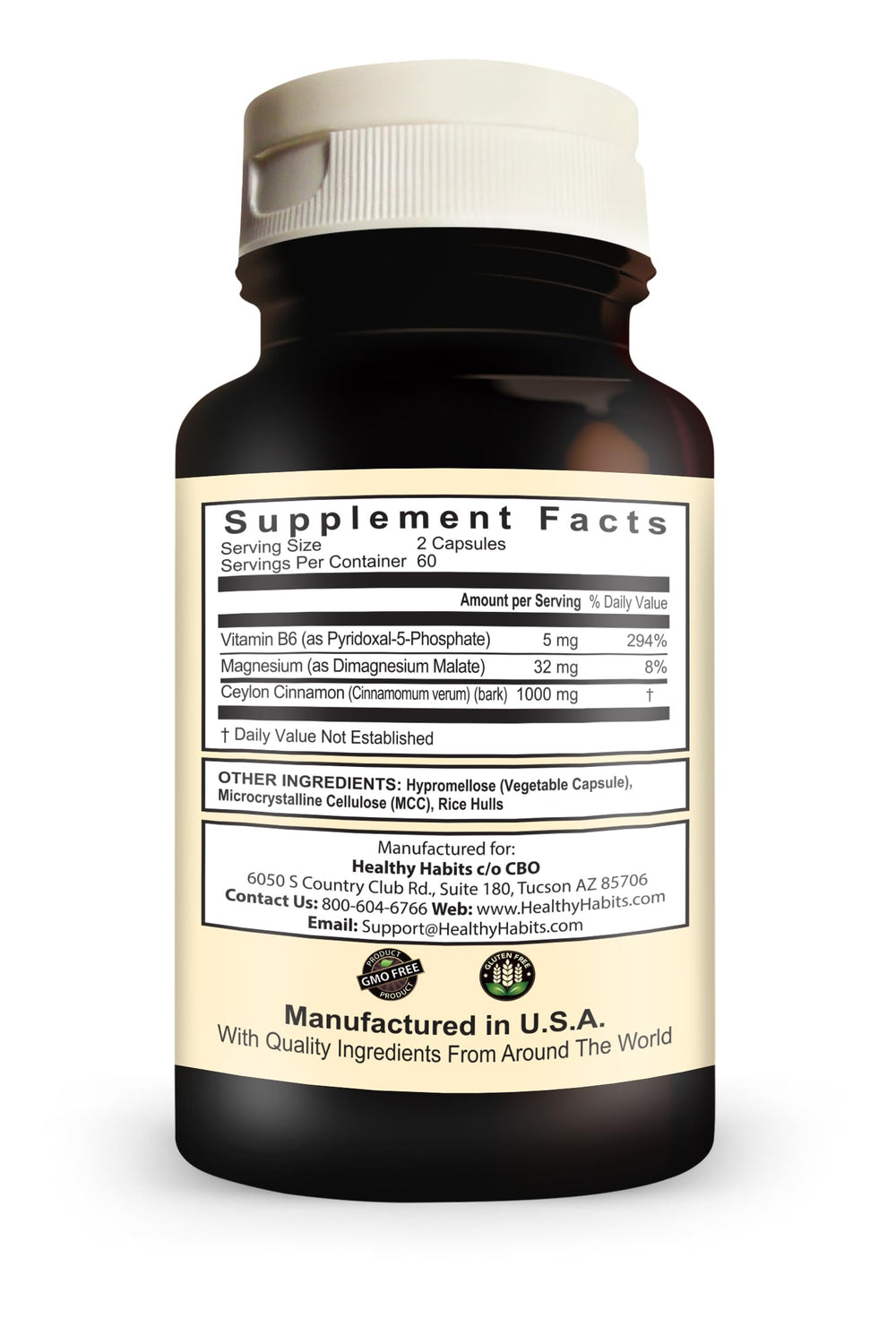 Healthy Habits StrictionBP bottle label shows ingredients like cinnamon, magnesium and vitamin B6.