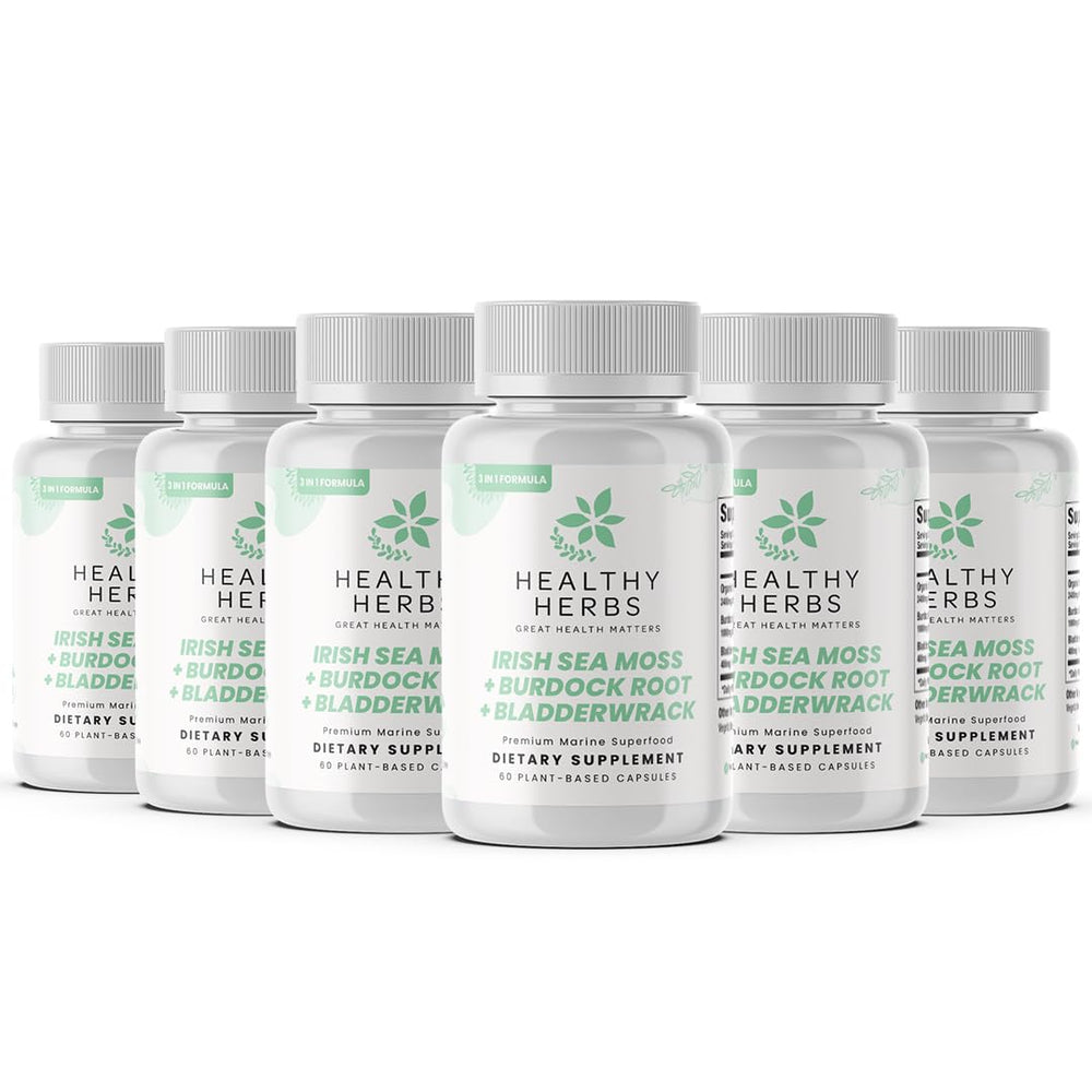 Healthy Herbs Wildcrafted Sea Moss Capsules bottle, easy daily plant-based supplement for vitality.