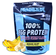 Healthy 'N Fit 100% Egg Protein Banana Blast bottle showing pure egg white protein for daily shakes.
