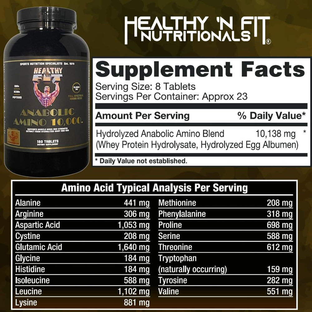 Healthy 'N Fit Amino 10,000 bottle back highlights ingredients and purity for reliable daily amino support.