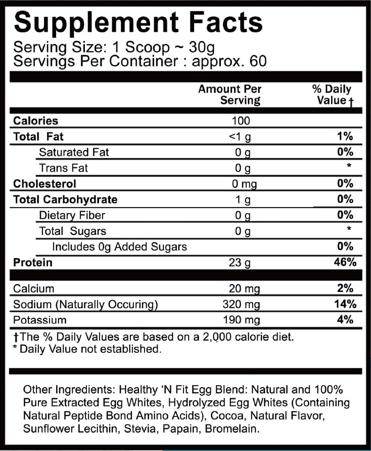 Healthy 'N Fit egg protein chocolate scoop for easy portioning.