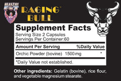 Healthy 'N Fit Raging Bull Mega Orchic label closeup highlights ingredients and purity