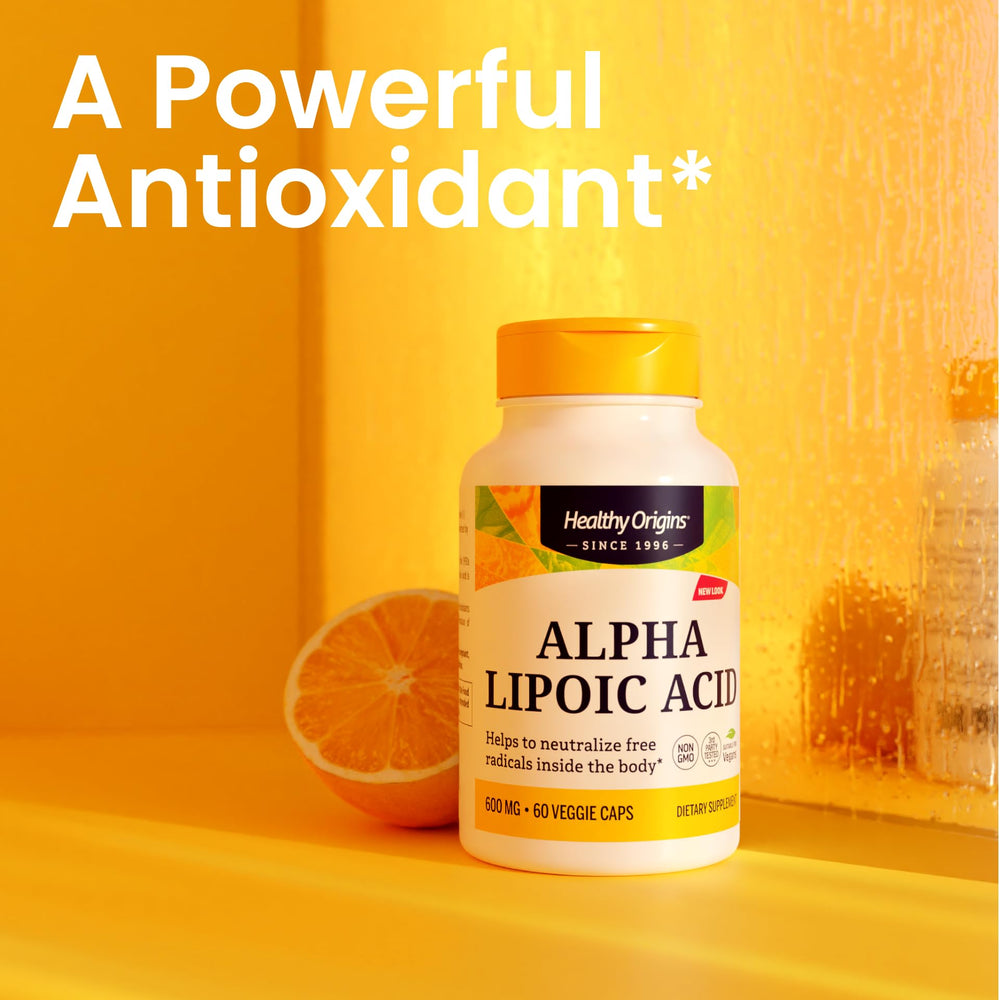 Label view of Healthy Origins Alpha Lipoic Acid highlighting gluten-free formula.