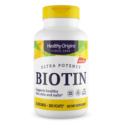 Healthy Origins Biotin 10,000 mcg bottle showing high-potency hair and nail support