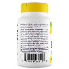 Healthy Origins Biotin 10,000 mcg label highlighting USP Grade quality and non-GMO purity