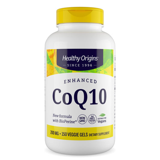 Healthy Origins CoQ10 bottle front view, gluten-free energy support