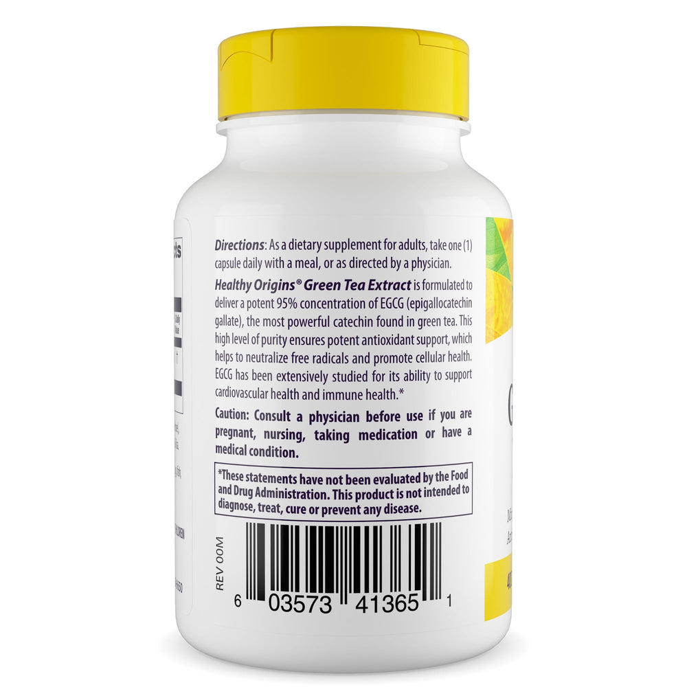 Healthy Origins Green Tea Extract bottle close-up showcasing 95% EGCG concentration