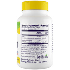 Close-up of Healthy Origins Lutein 20 mg label highlighting Lutemax 2020.
